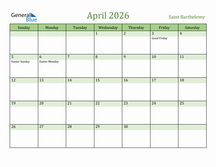 April 2026 Calendar with Saint Barthelemy Holidays