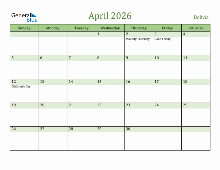 April 2026 Calendar with Bolivia Holidays