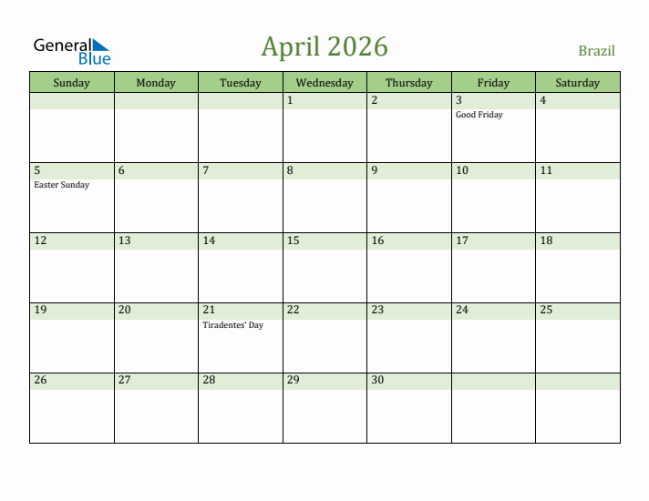 April 2026 Calendar with Brazil Holidays