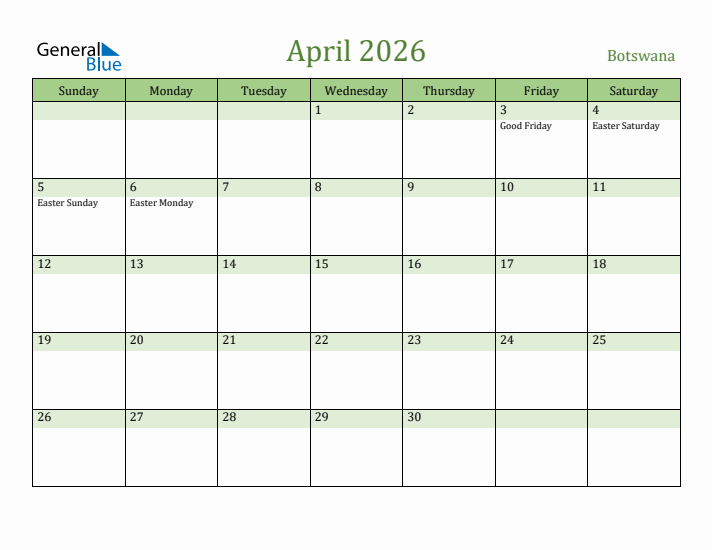 April 2026 Calendar with Botswana Holidays