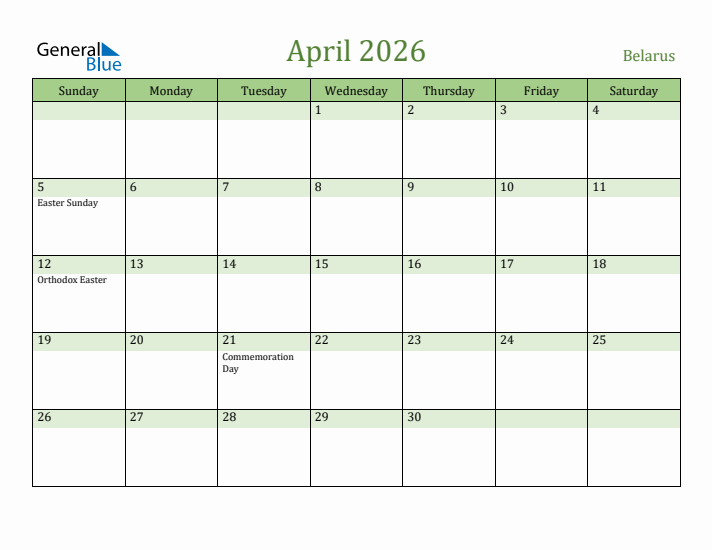 April 2026 Calendar with Belarus Holidays