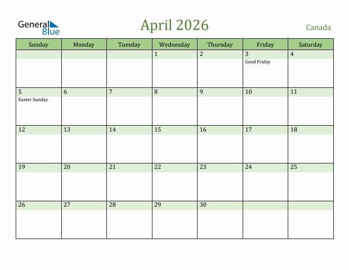 April 2026 Calendar with Canada Holidays