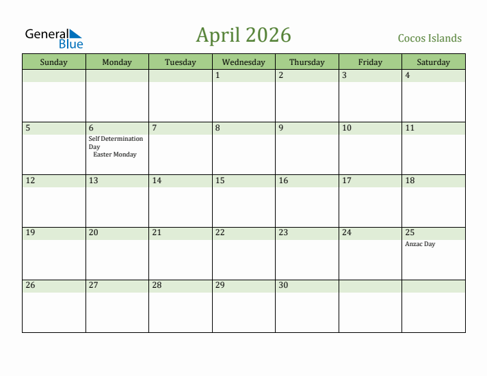 April 2026 Calendar with Cocos Islands Holidays