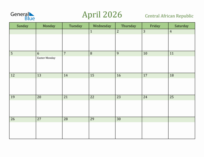 April 2026 Calendar with Central African Republic Holidays