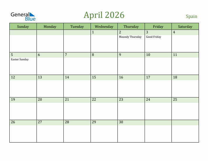 April 2026 Calendar with Spain Holidays