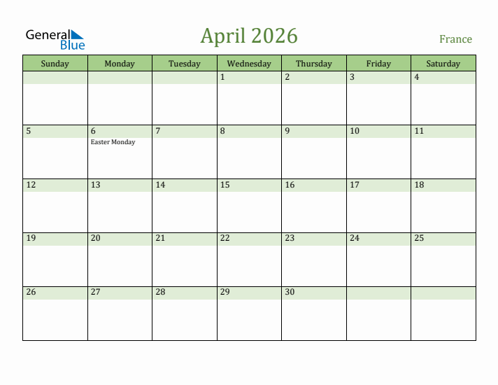 April 2026 Calendar with France Holidays