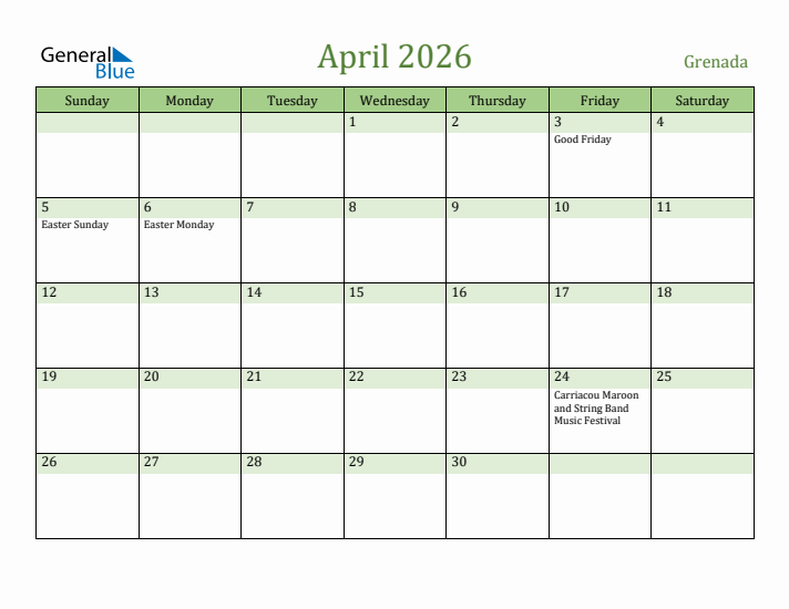 April 2026 Calendar with Grenada Holidays