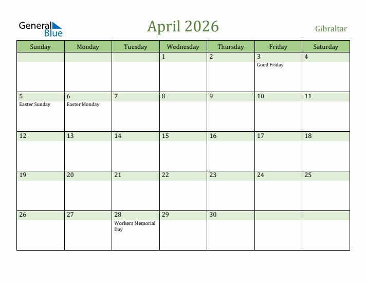 April 2026 Calendar with Gibraltar Holidays