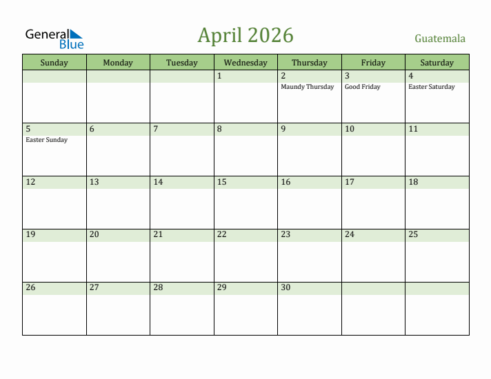 April 2026 Calendar with Guatemala Holidays