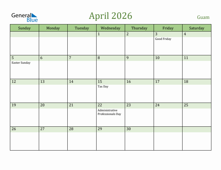 April 2026 Calendar with Guam Holidays