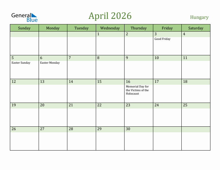 April 2026 Calendar with Hungary Holidays