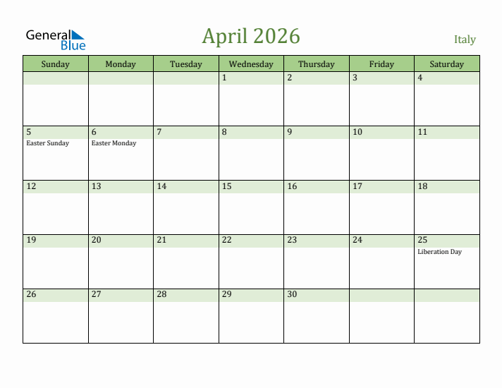 April 2026 Calendar with Italy Holidays