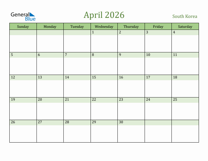 April 2026 Calendar with South Korea Holidays