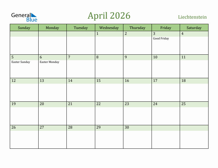 April 2026 Calendar with Liechtenstein Holidays