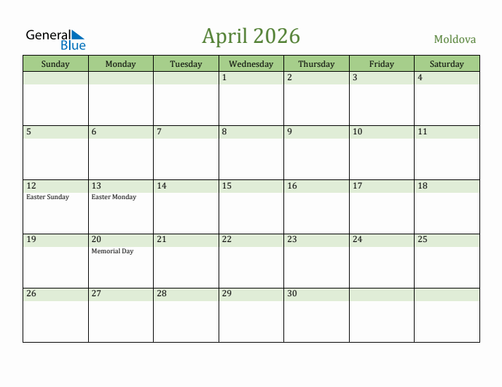 April 2026 Calendar with Moldova Holidays