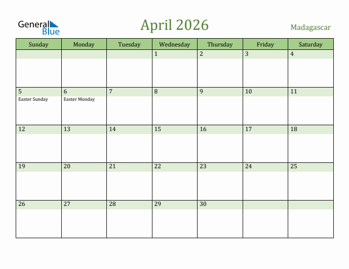 April 2026 Calendar with Madagascar Holidays