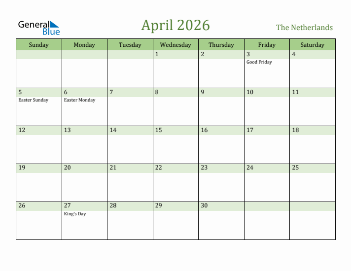 April 2026 Calendar with The Netherlands Holidays