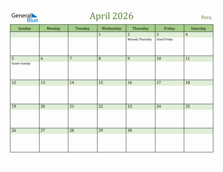 April 2026 Calendar with Peru Holidays