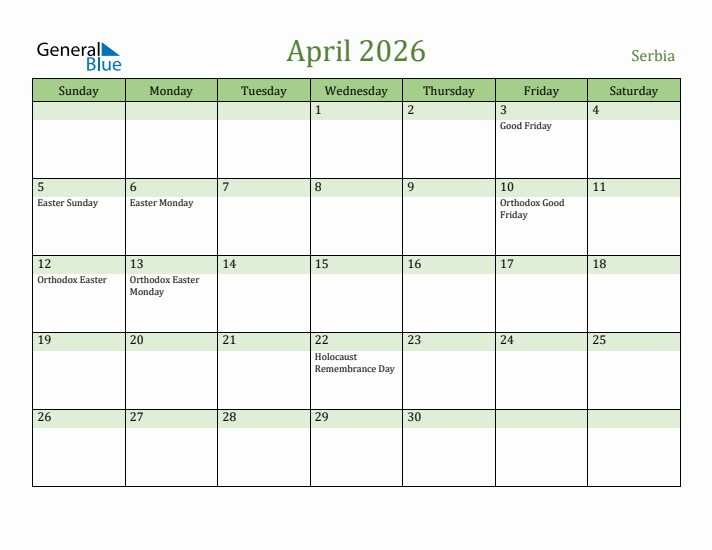 April 2026 Calendar with Serbia Holidays