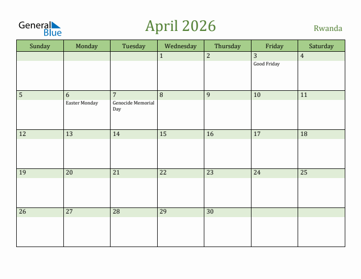 April 2026 Calendar with Rwanda Holidays