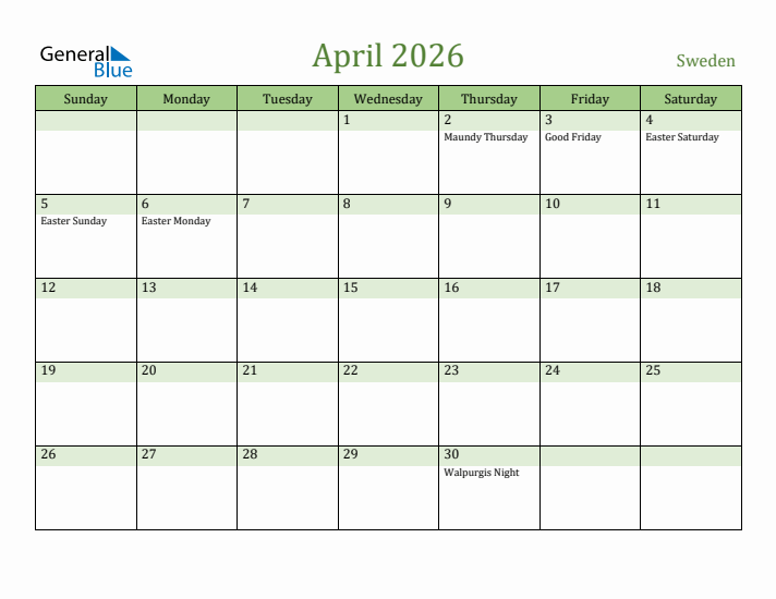 April 2026 Calendar with Sweden Holidays