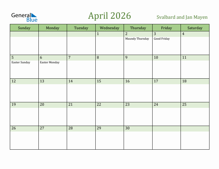 April 2026 Calendar with Svalbard and Jan Mayen Holidays