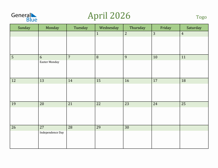 April 2026 Calendar with Togo Holidays