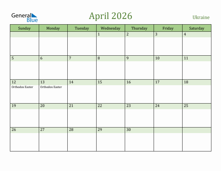 April 2026 Calendar with Ukraine Holidays