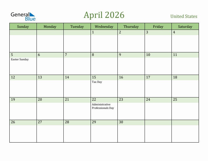 April 2026 Calendar with United States Holidays