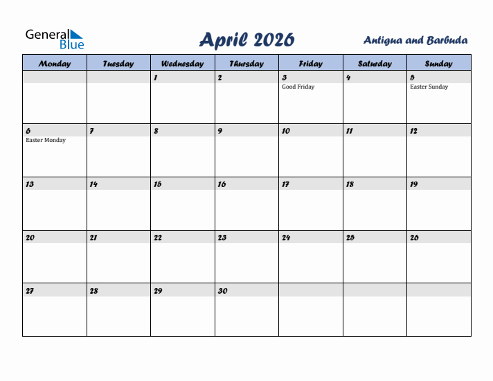 April 2026 Calendar with Holidays in Antigua and Barbuda