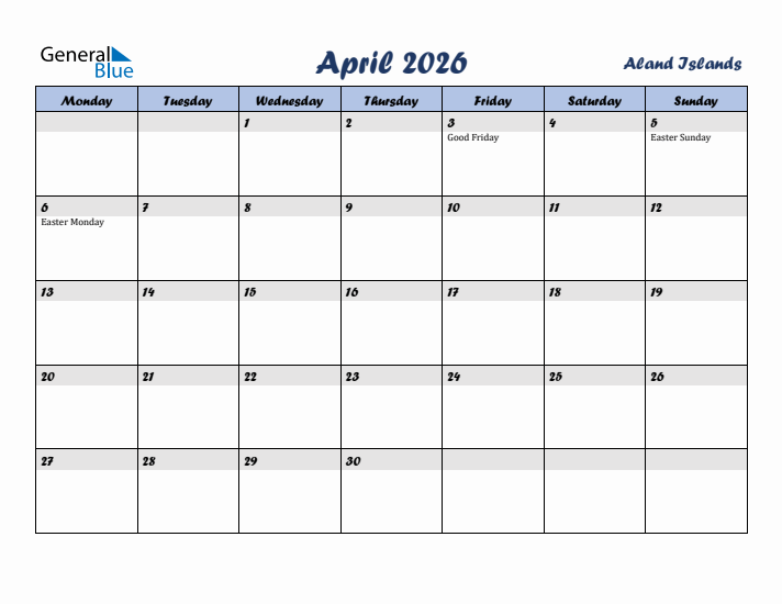 April 2026 Calendar with Holidays in Aland Islands