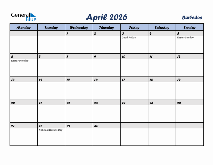 April 2026 Calendar with Holidays in Barbados