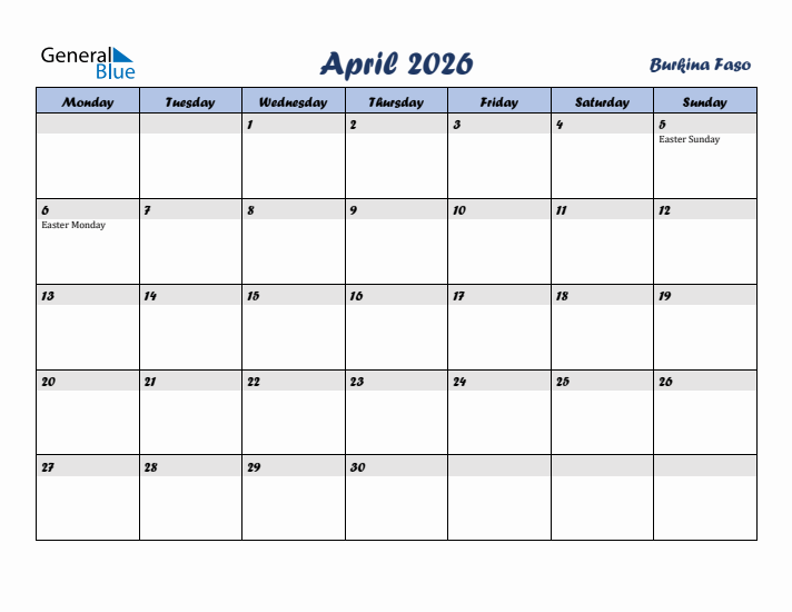 April 2026 Calendar with Holidays in Burkina Faso