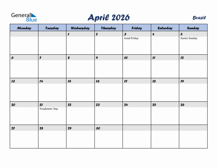 April 2026 Calendar with Holidays in Brazil