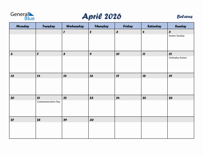 April 2026 Calendar with Holidays in Belarus