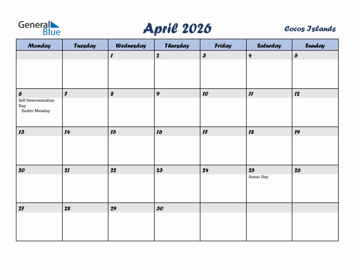 April 2026 Calendar with Holidays in Cocos Islands