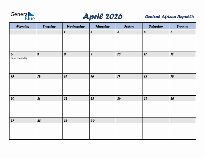 April 2026 Calendar with Holidays in Central African Republic