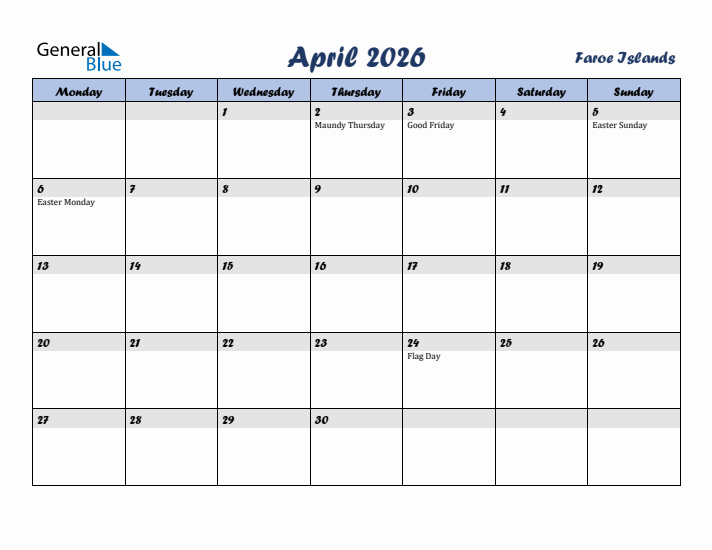 April 2026 Calendar with Holidays in Faroe Islands