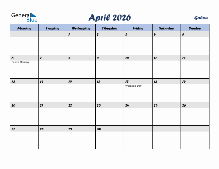 April 2026 Calendar with Holidays in Gabon