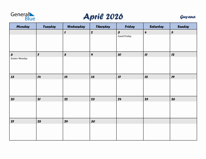 April 2026 Calendar with Holidays in Guyana