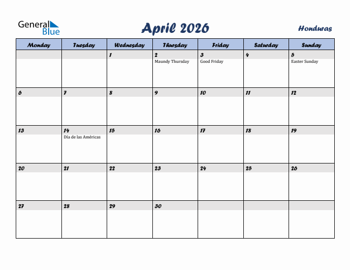 April 2026 Calendar with Holidays in Honduras