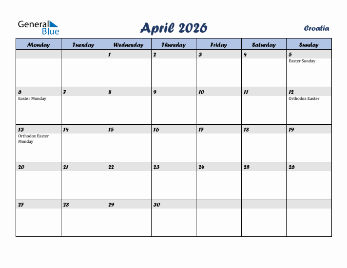 April 2026 Calendar with Holidays in Croatia