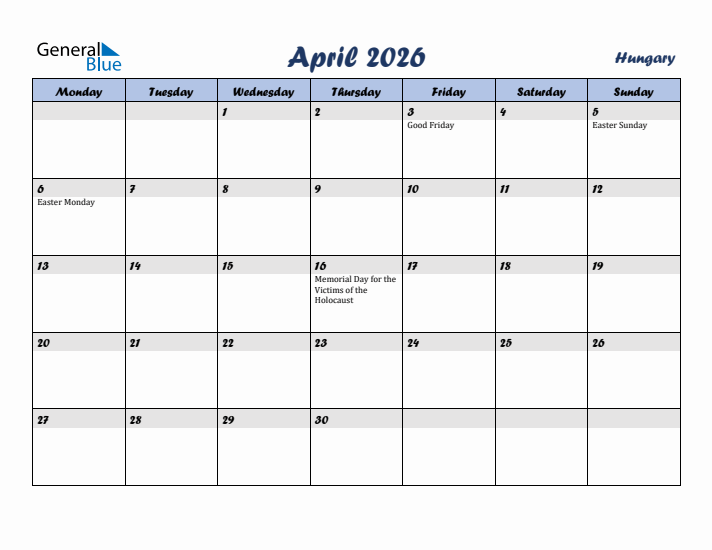 April 2026 Calendar with Holidays in Hungary