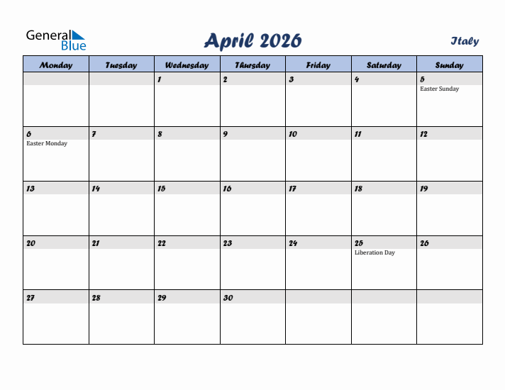 April 2026 Calendar with Holidays in Italy