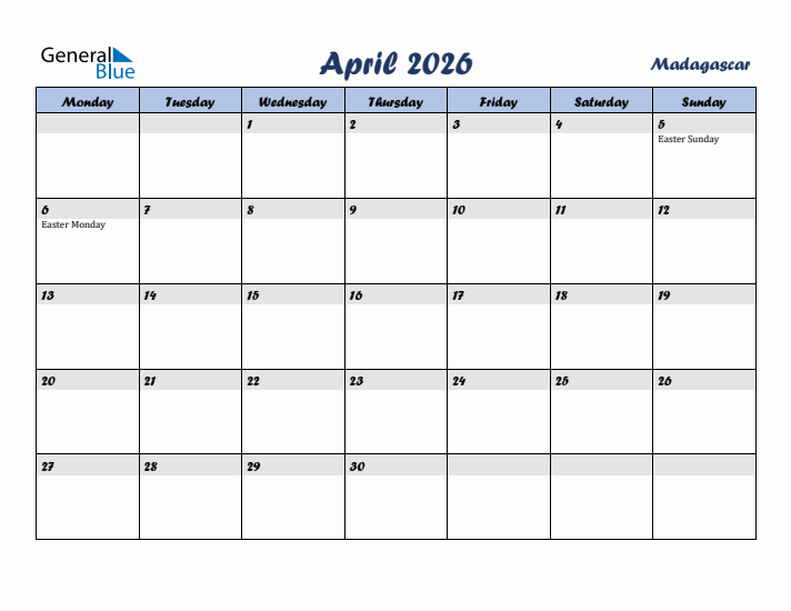 April 2026 Calendar with Holidays in Madagascar