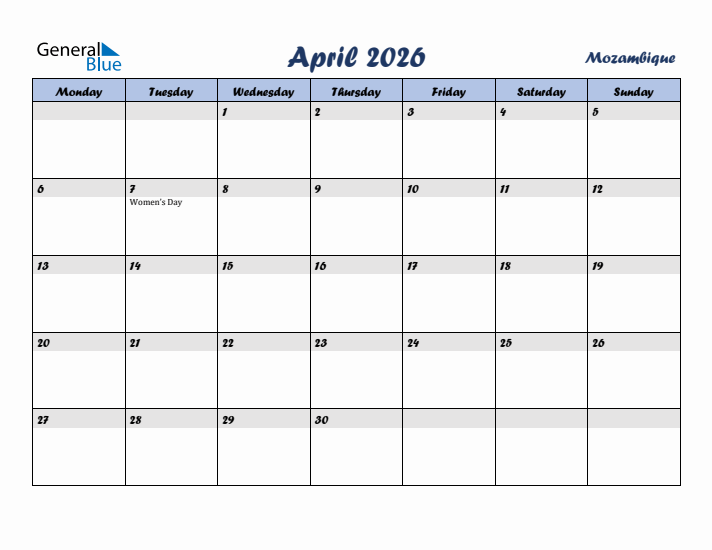 April 2026 Calendar with Holidays in Mozambique