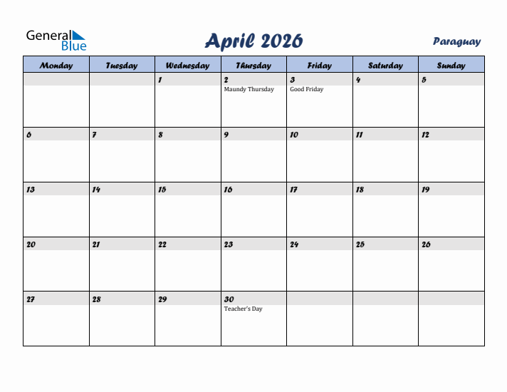 April 2026 Calendar with Holidays in Paraguay