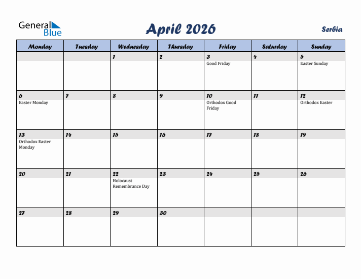 April 2026 Calendar with Holidays in Serbia