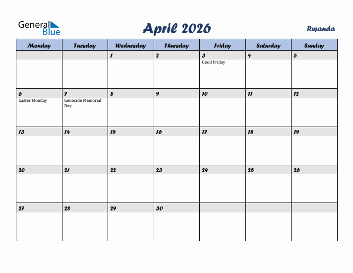 April 2026 Calendar with Holidays in Rwanda