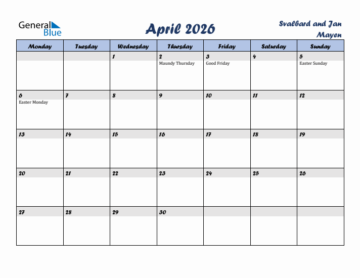 April 2026 Calendar with Holidays in Svalbard and Jan Mayen